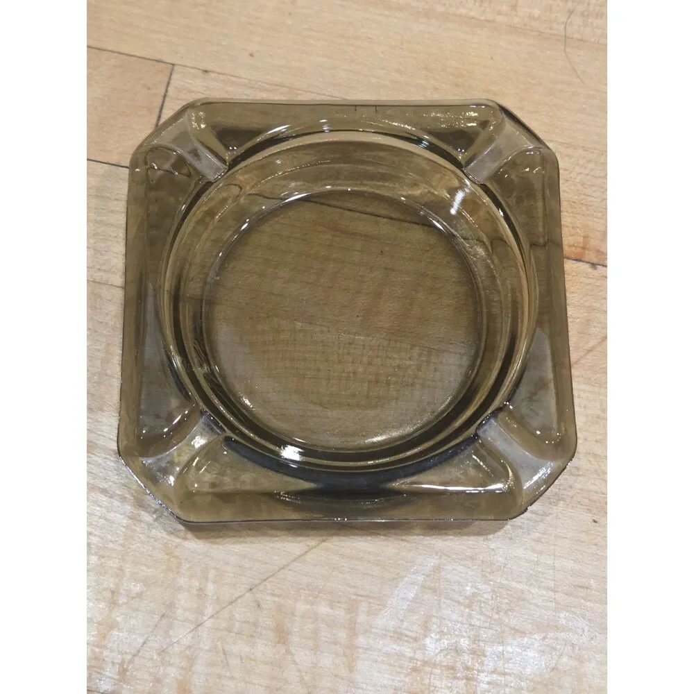 Vintage MCM Amber & Smoked Brown Glass Square Ashtray Set of 2